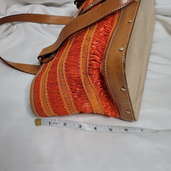 KATE SPADE orange sherbet leather trim raffia wood bottom shoulder bag purse - Picture 15 of 15